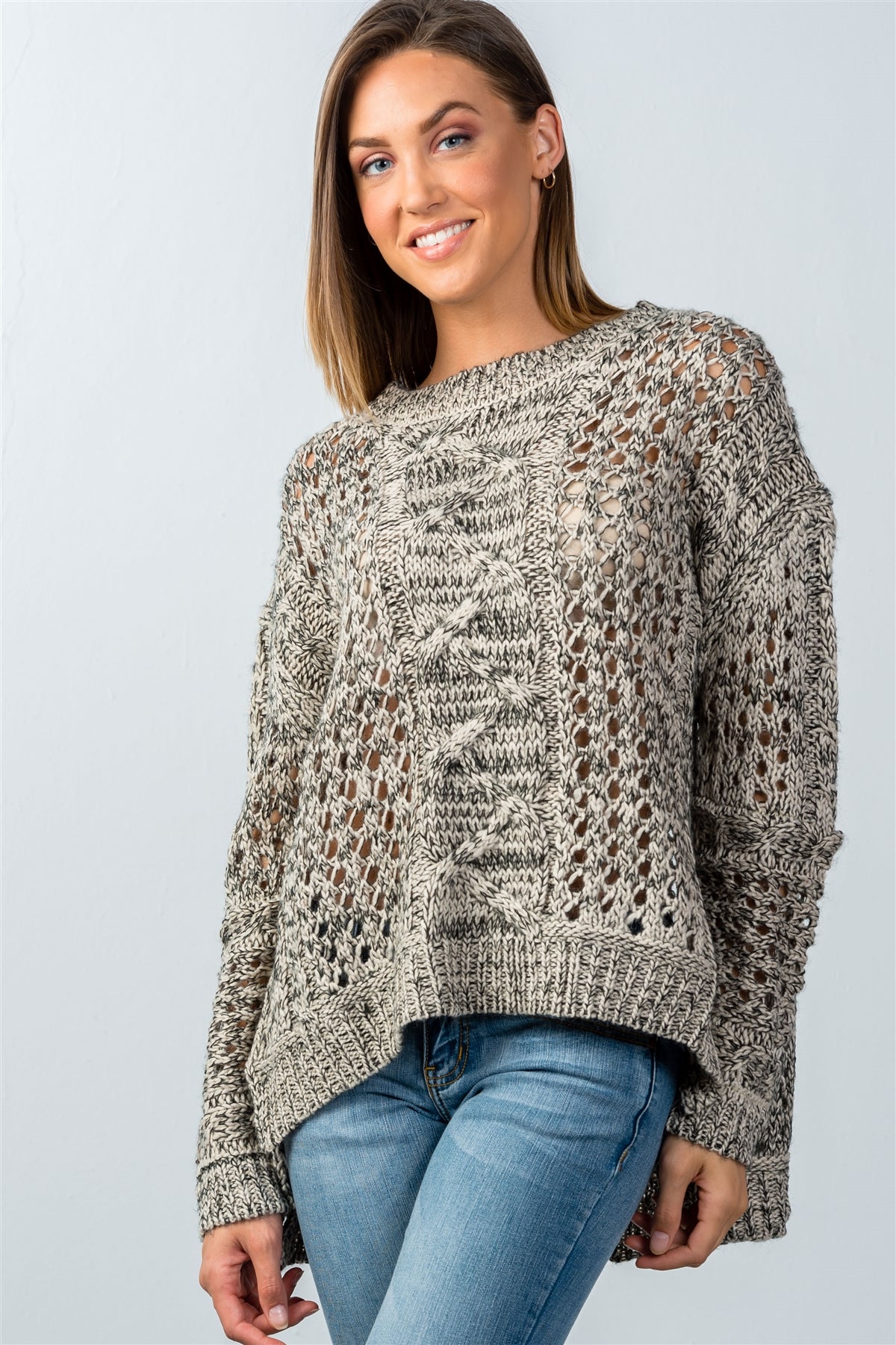 Ladies fashion  black and taupe open knit hi-low sweater
