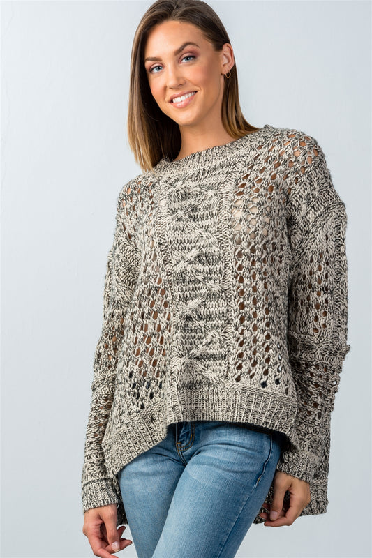 Ladies fashion  black and taupe open knit hi-low sweater