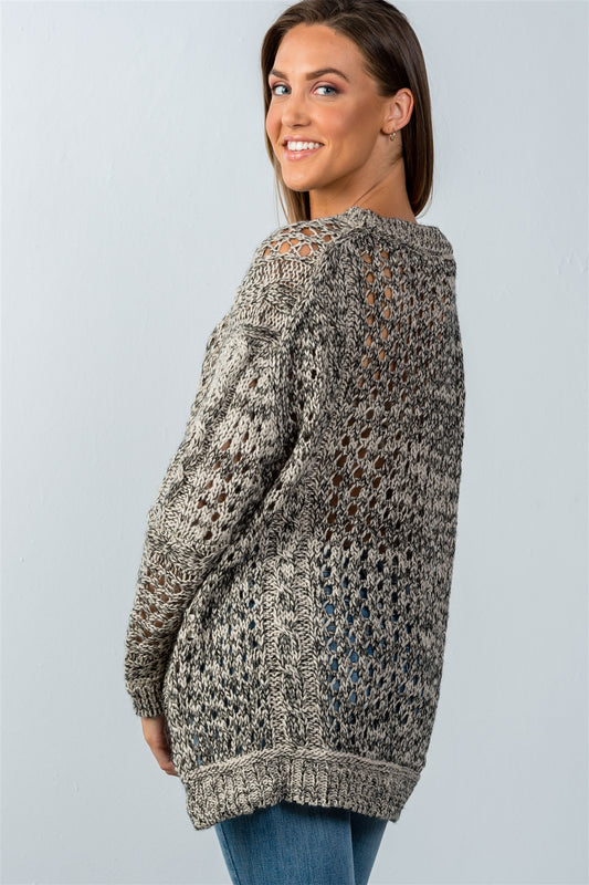 Ladies fashion  black and taupe open knit hi-low sweater