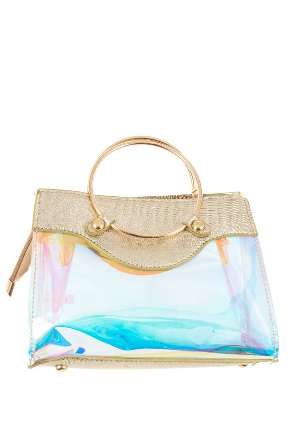 Ladies fashion metal top handle fashion see through bag