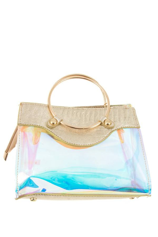 Ladies fashion metal top handle fashion see through bag
