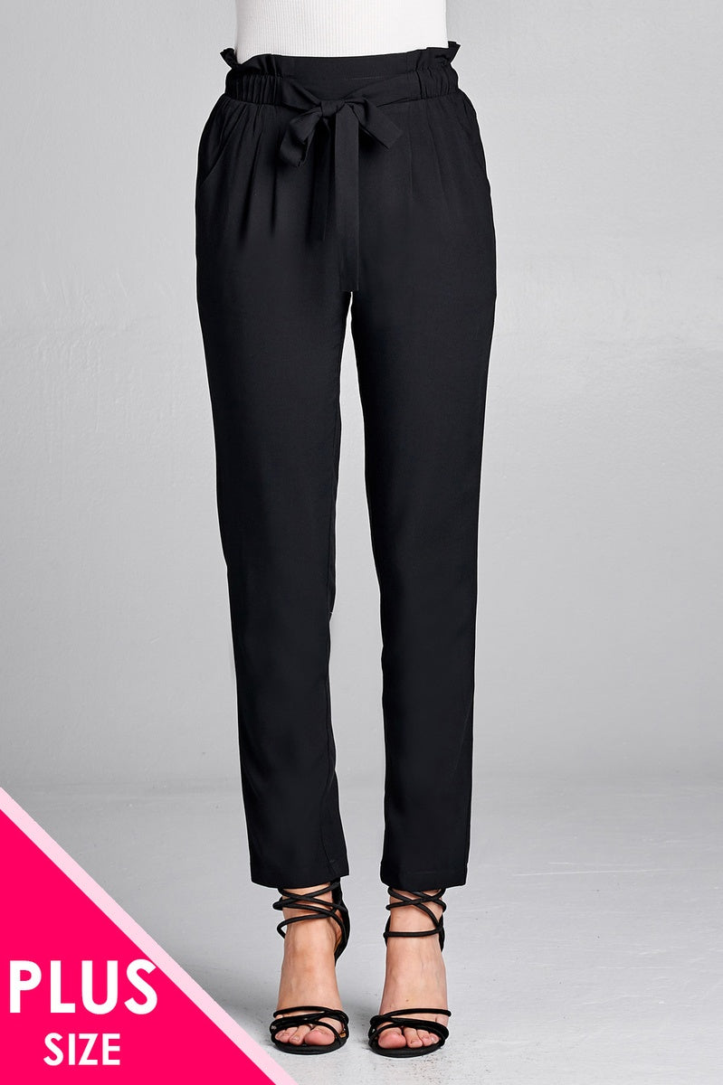 Ladies fashion plus size self ribbon detail long leg woven pants