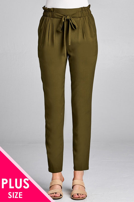 Ladies fashion plus size self ribbon detail long leg woven pants