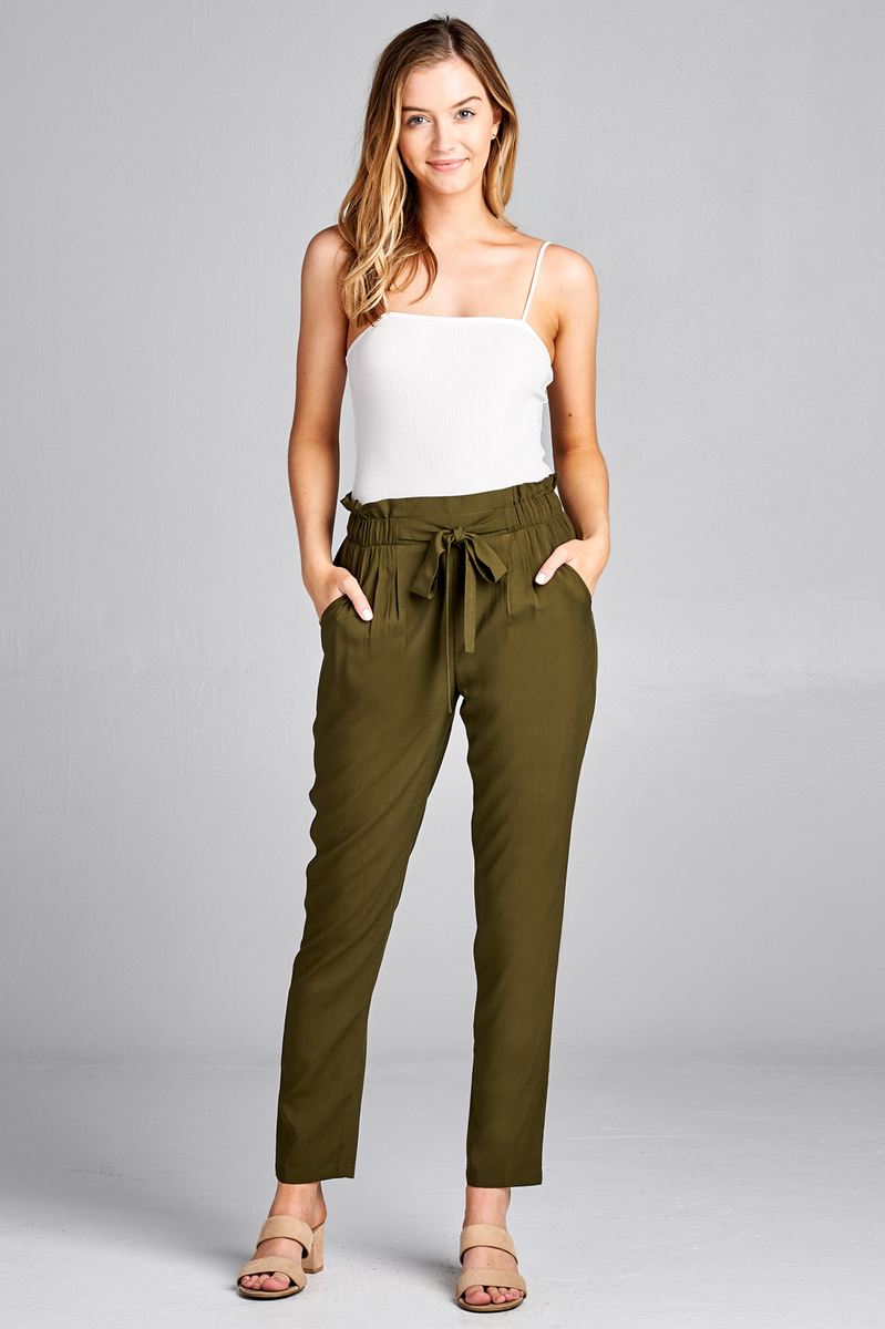 Ladies fashion plus size self ribbon detail long leg woven pants