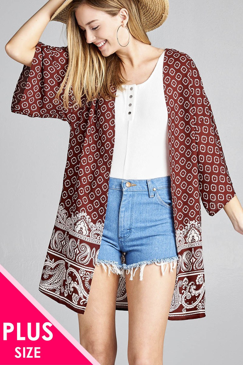 Ladies fashion plus size open front border print woven kimono