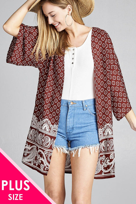 Ladies fashion plus size open front border print woven kimono