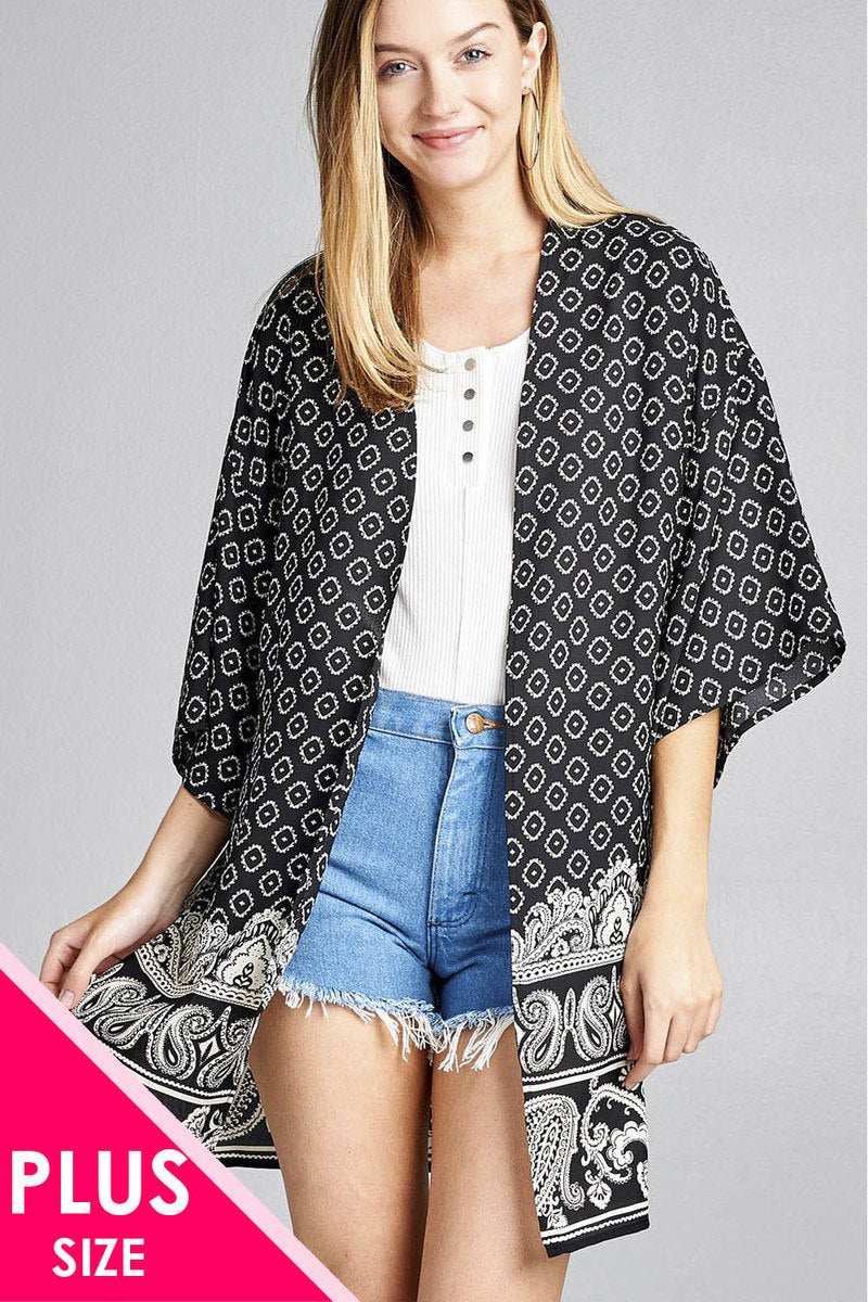 Ladies fashion plus size open front border print woven kimono