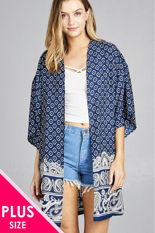 Ladies fashion plus size open front border print woven kimono