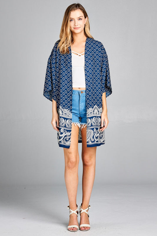 Ladies fashion plus size open front border print woven kimono