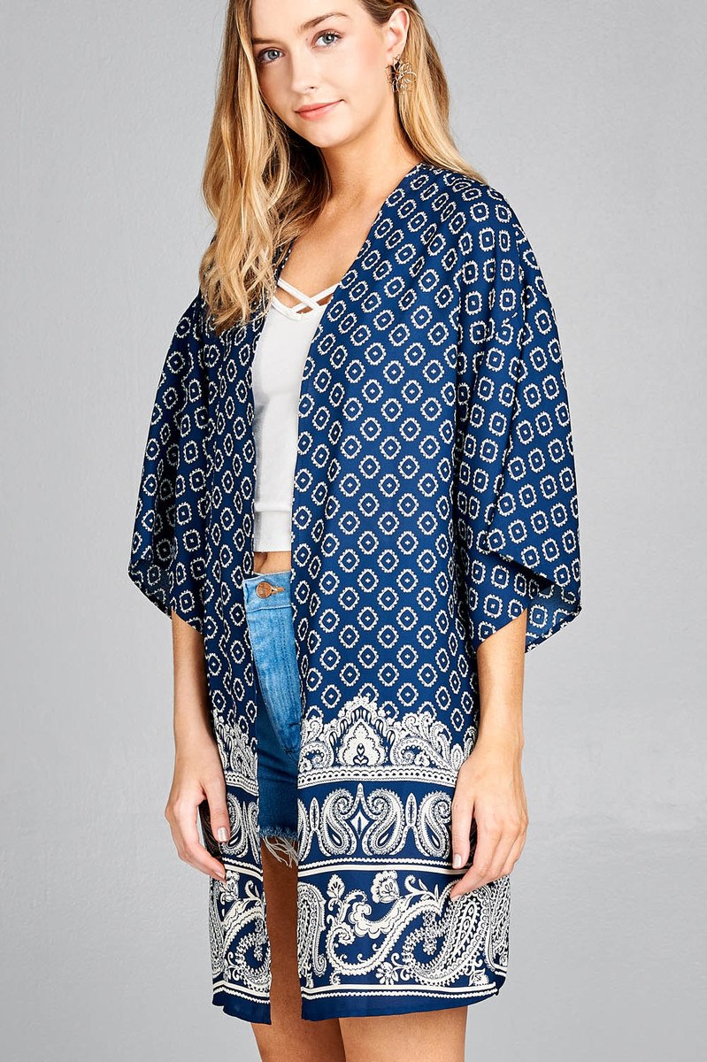 Ladies fashion plus size open front border print woven kimono