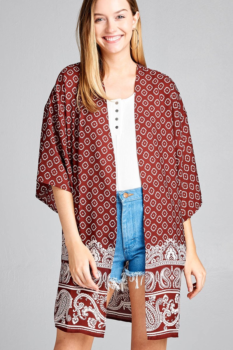 Ladies fashion plus size open front border print woven kimono