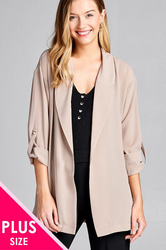 Ladies fashion plus size 3/4 roll up sleeve open front woven jacket