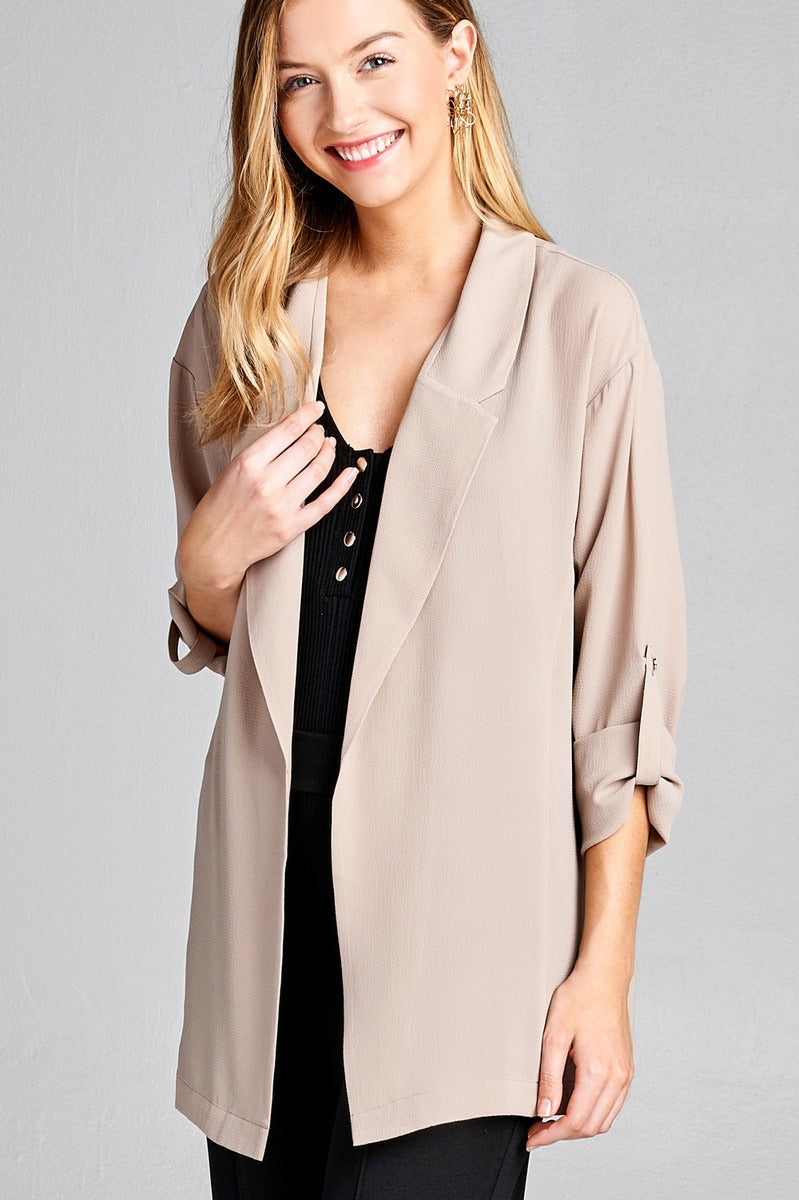 Ladies fashion plus size 3/4 roll up sleeve open front woven jacket