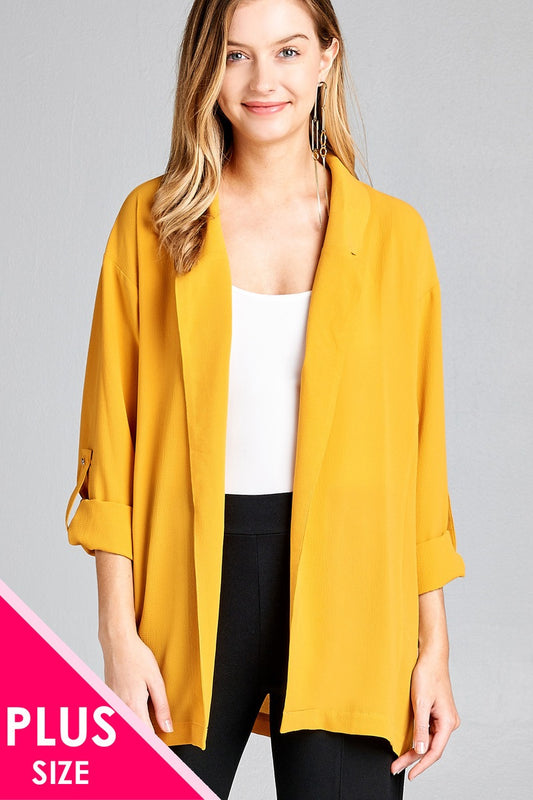 Ladies fashion plus size 3/4 roll up sleeve open front woven jacket