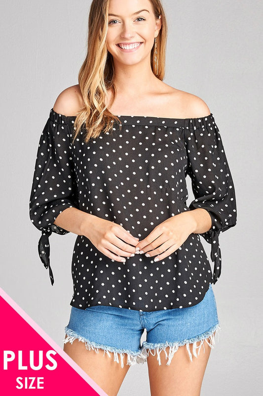 Ladies fashion plus size 3/4 sleeve w/ribbon tie off the shoulder dot print woven top