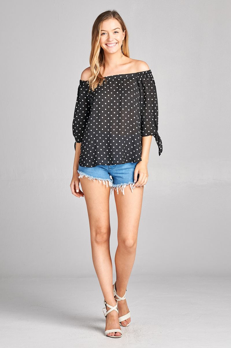 Ladies fashion plus size 3/4 sleeve w/ribbon tie off the shoulder dot print woven top