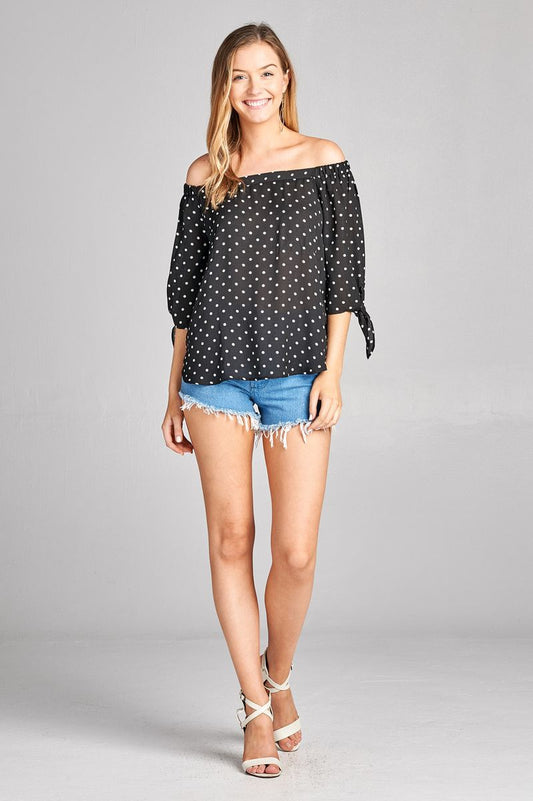 Ladies fashion plus size 3/4 sleeve w/ribbon tie off the shoulder dot print woven top