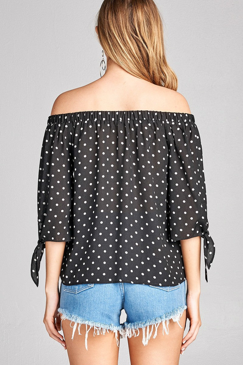 Ladies fashion plus size 3/4 sleeve w/ribbon tie off the shoulder dot print woven top