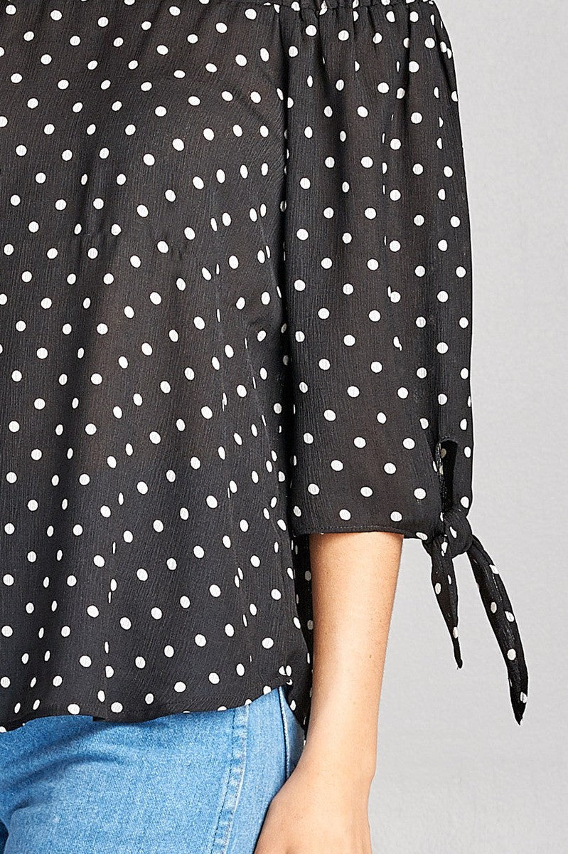 Ladies fashion plus size 3/4 sleeve w/ribbon tie off the shoulder dot print woven top