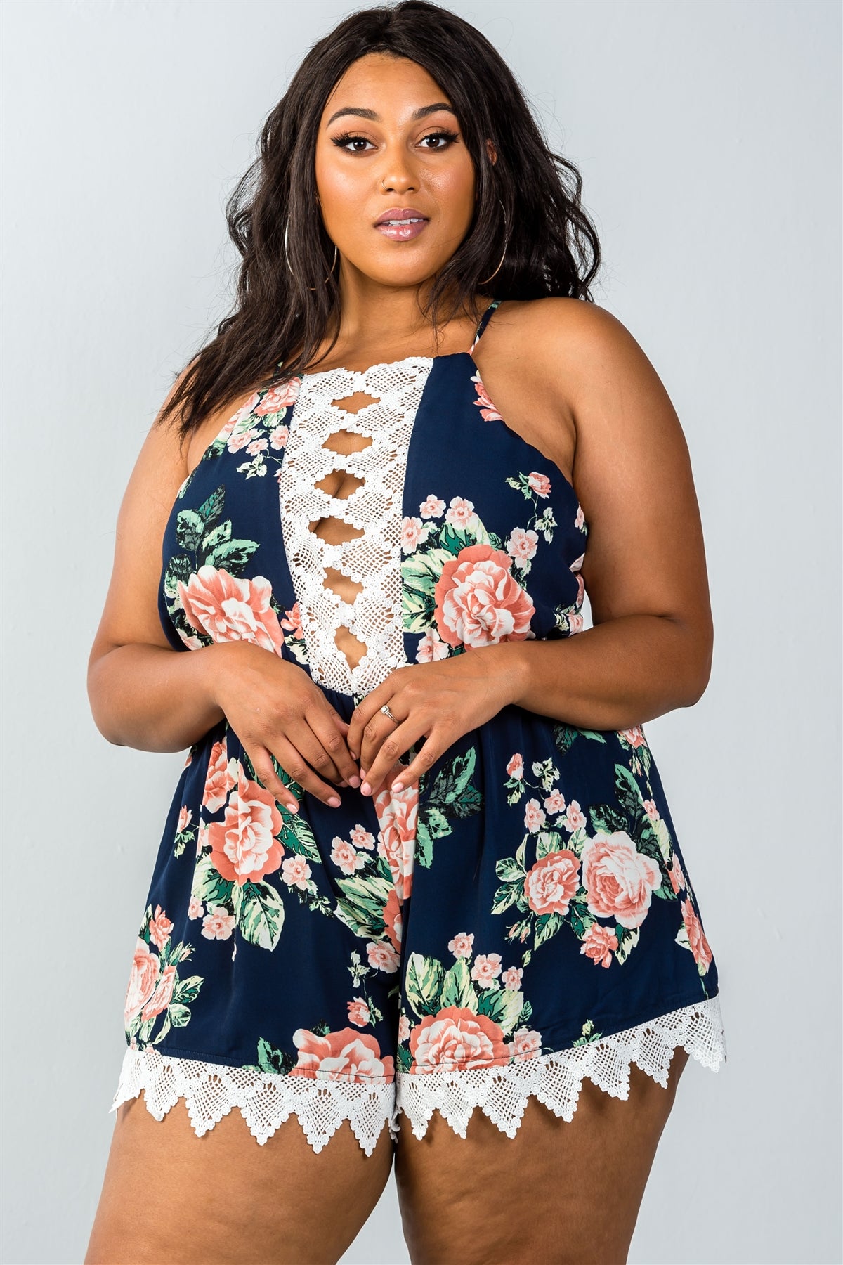 Ladies fashion plus size keyhole back detail sleeveless crochet trim romper