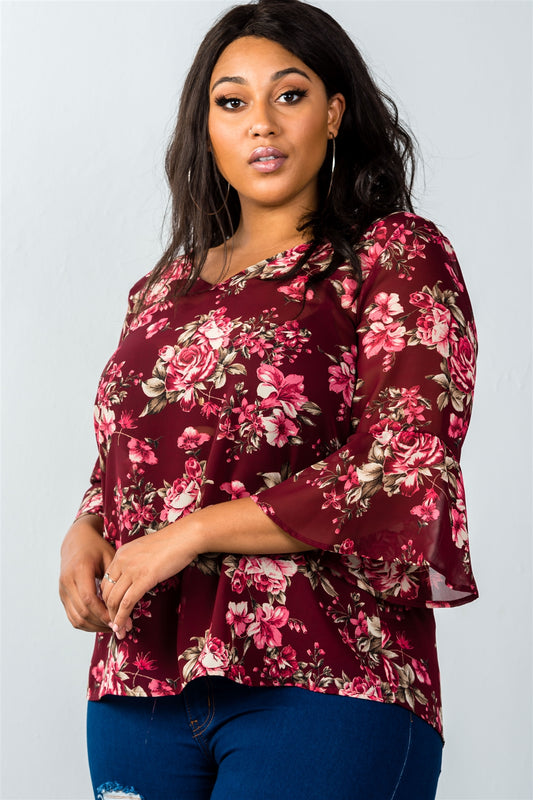 Ladies fashion plus size v neckline burgundy sheer floral bell-sleeve top