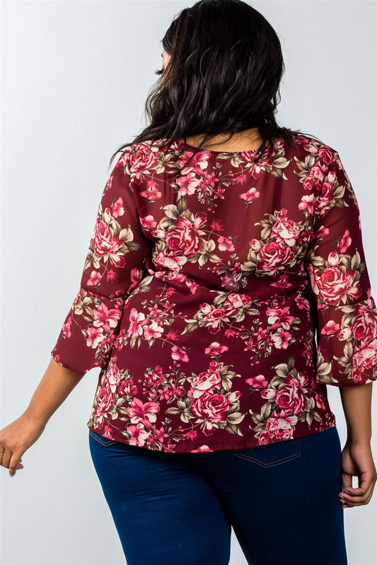 Ladies fashion plus size v neckline burgundy sheer floral bell-sleeve top