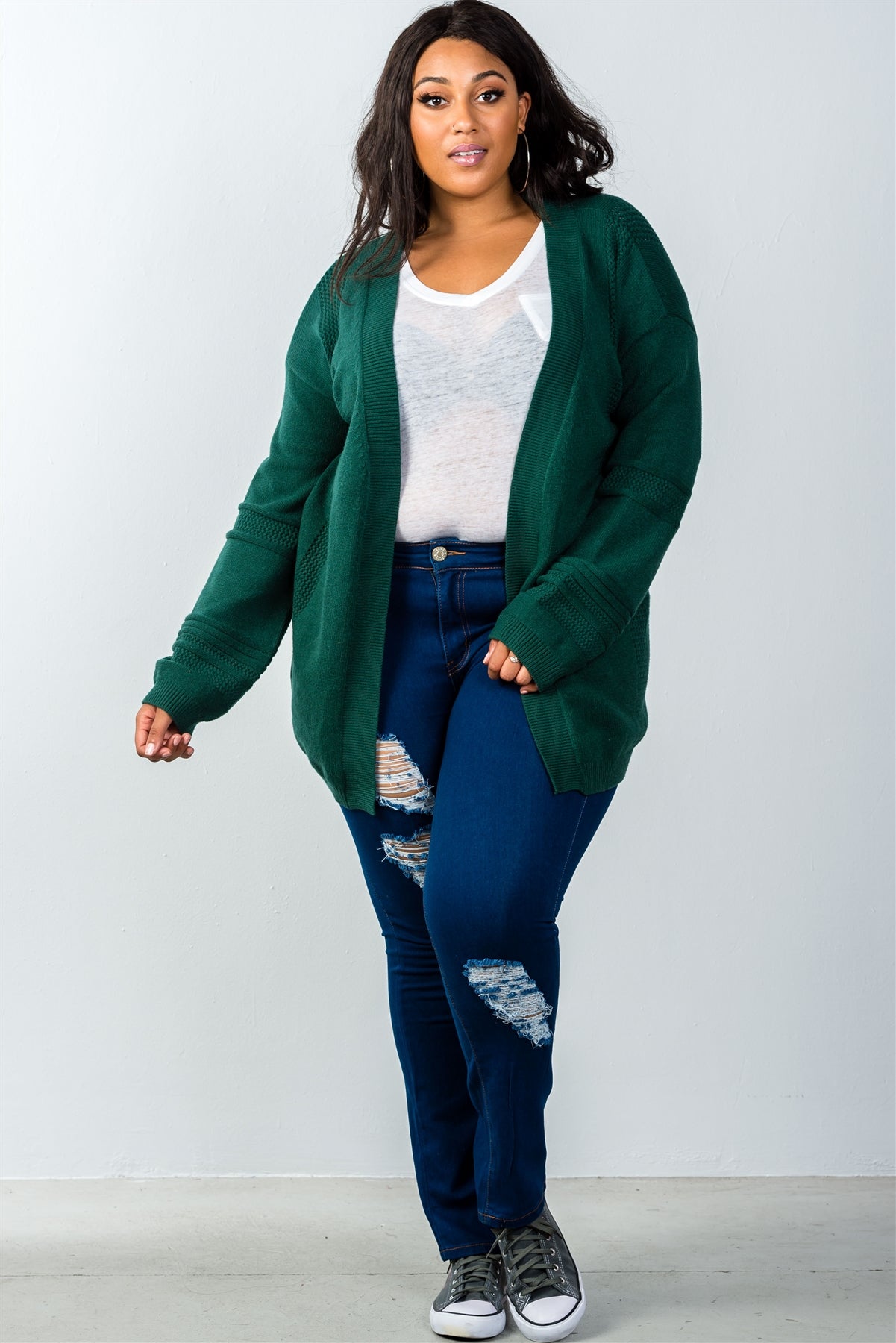 Ladies fashion plus size green open front contemporary cardigan