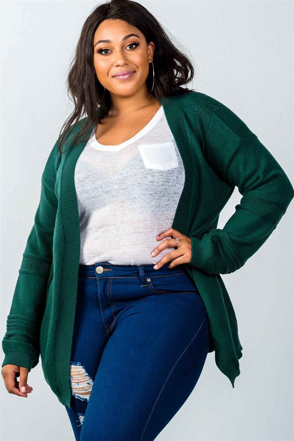 Ladies fashion plus size green open front contemporary cardigan