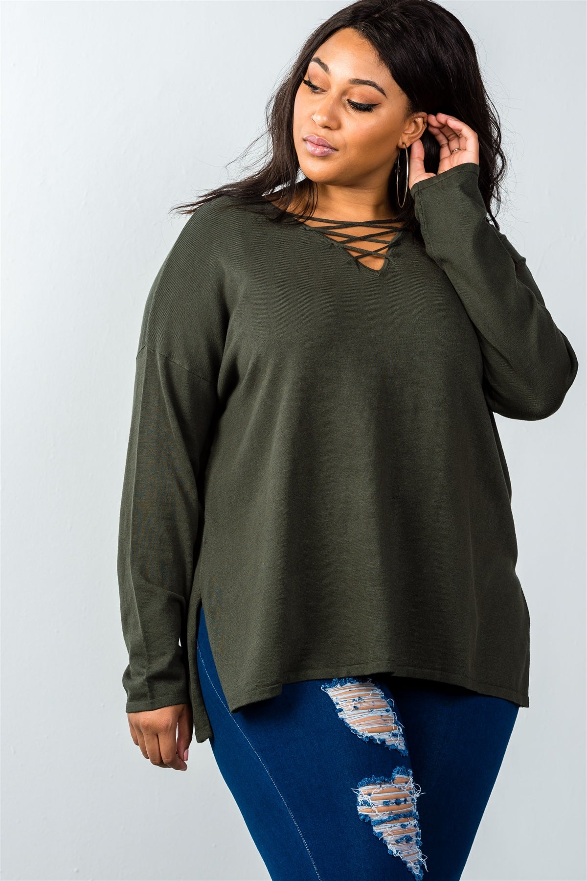 Ladies fashion plus size olive lace up v-neck slit side solid loose pullover
