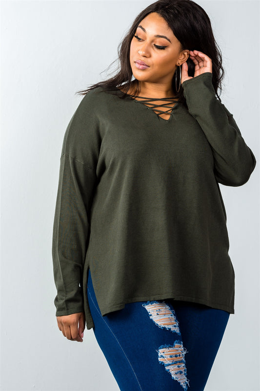 Ladies fashion plus size olive lace up v-neck slit side solid loose pullover