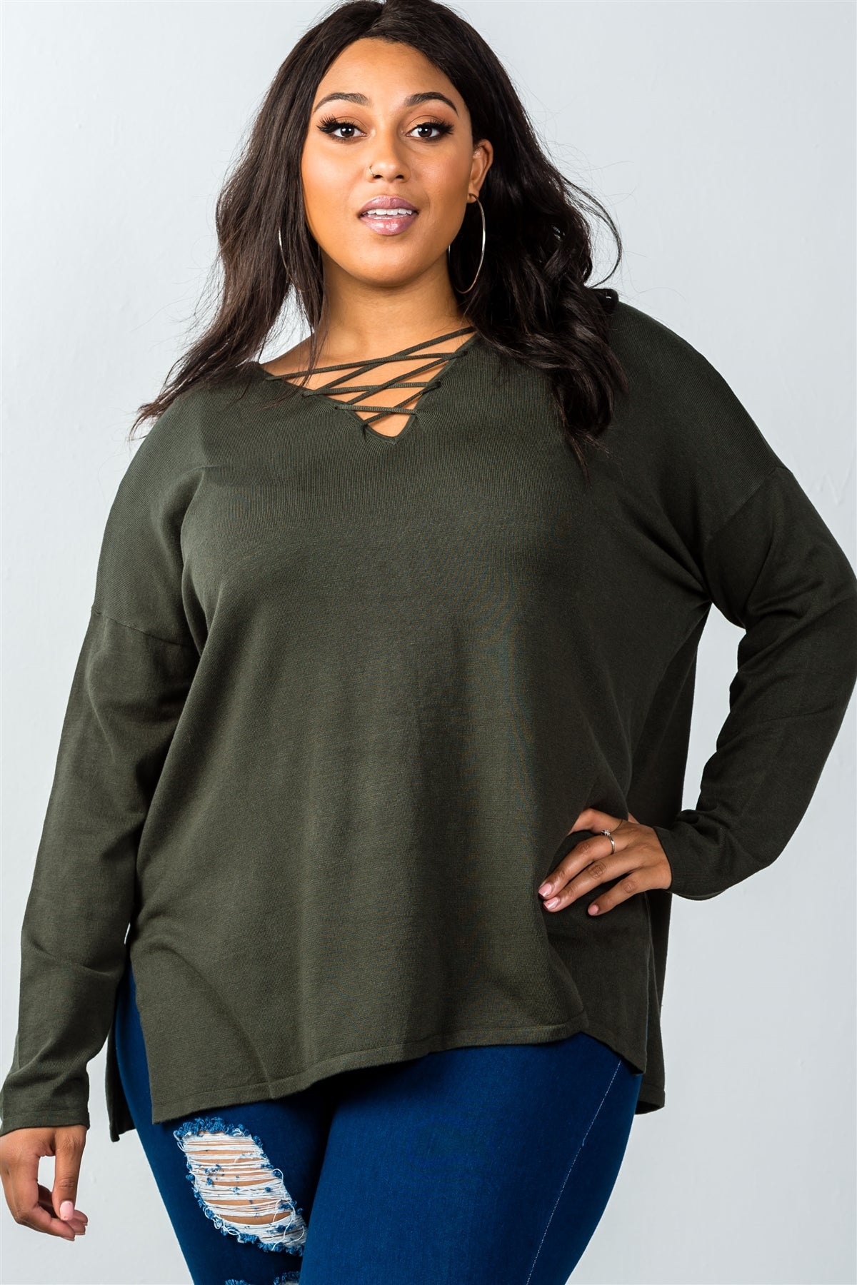Ladies fashion plus size olive lace up v-neck slit side solid loose pullover