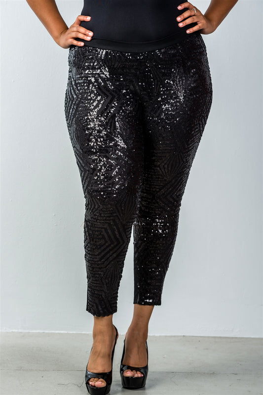 Ladies fashion plus size black sequin front ankle length pants