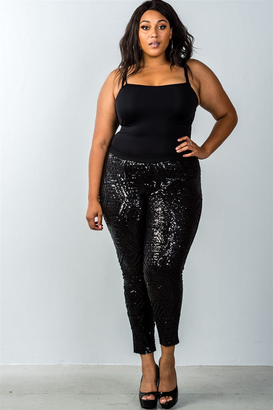 Ladies fashion plus size black sequin front ankle length pants