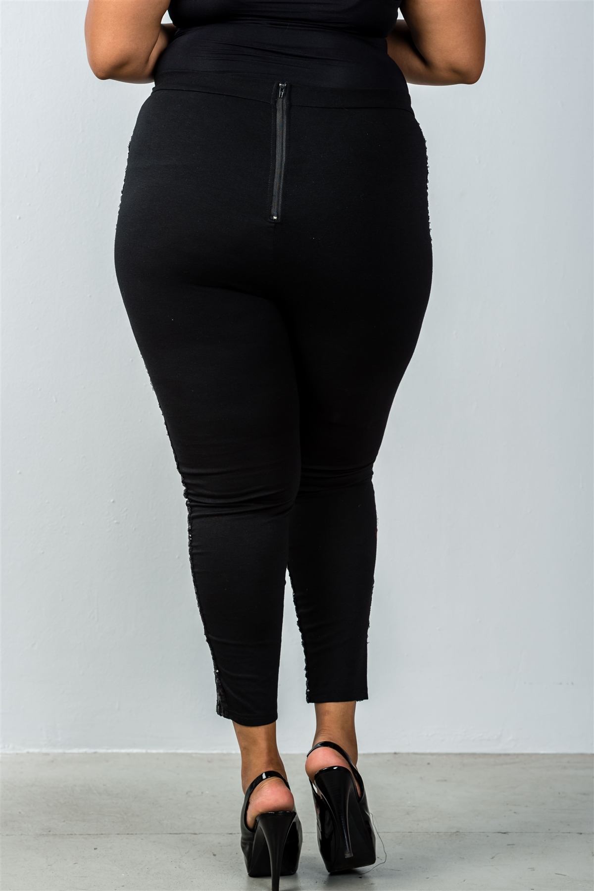 Ladies fashion plus size black sequin front ankle length pants