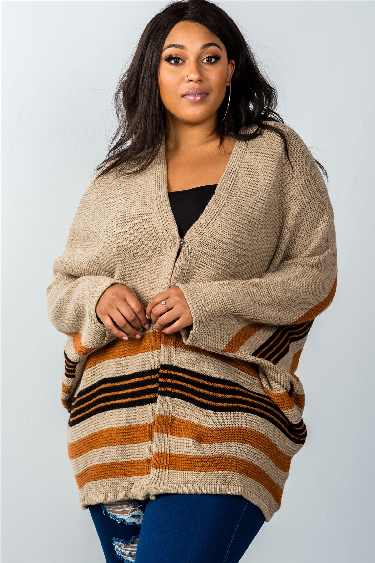 Ladies fashion plus size multi mocha stripe oversized knit cardigan