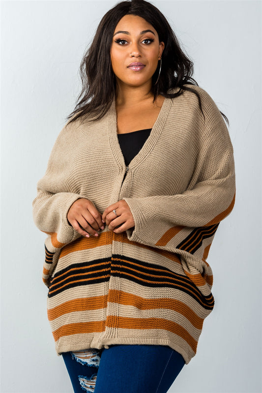 Ladies fashion plus size multi mocha stripe oversized knit cardigan