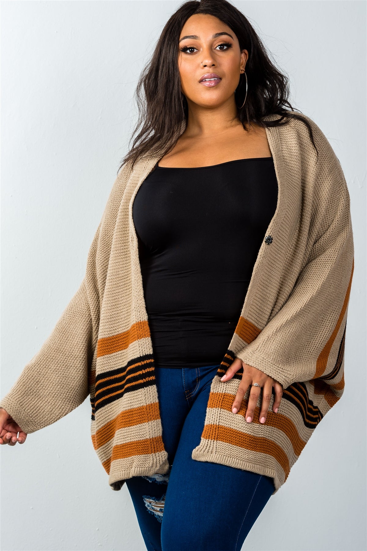 Ladies fashion plus size multi mocha stripe oversized knit cardigan
