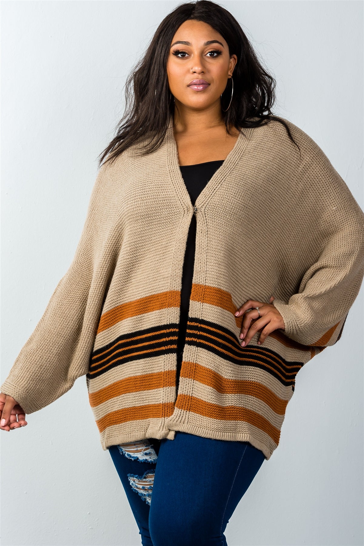 Ladies fashion plus size multi mocha stripe oversized knit cardigan