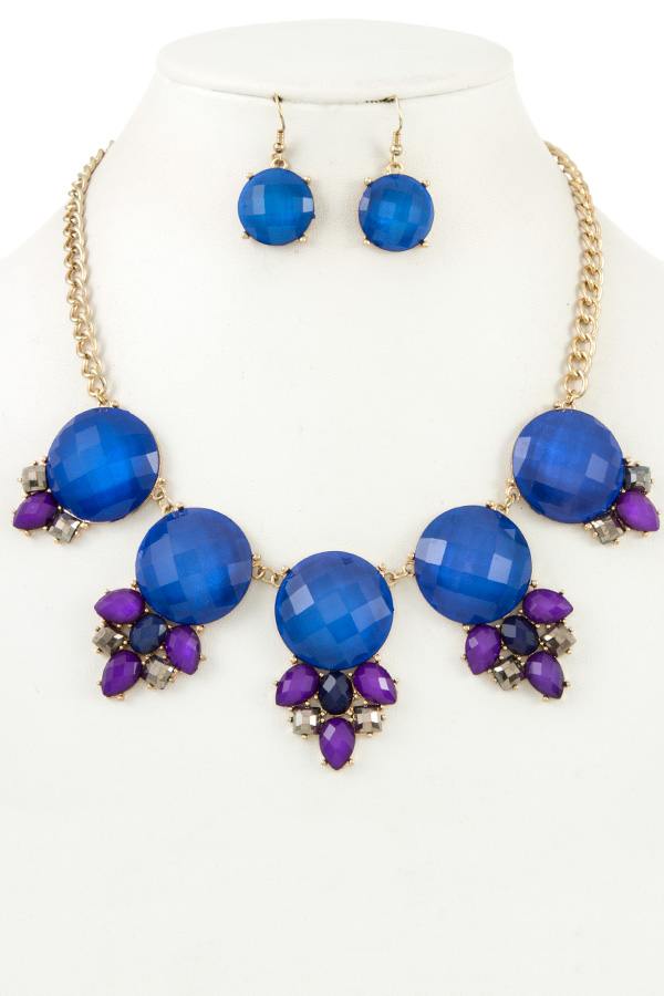 Ladies fashion round faceted framed link gem bib necklace set
