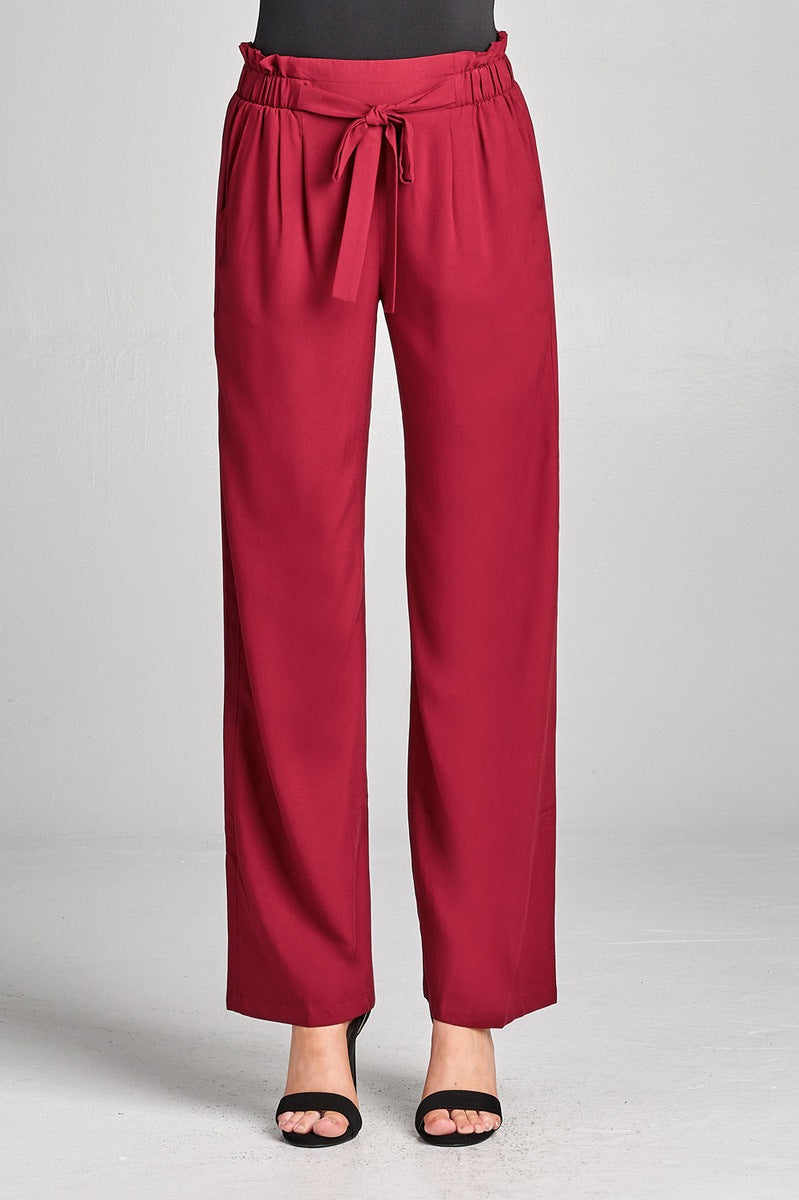 Ladies fashion self ribbon detail long wide leg woven pants