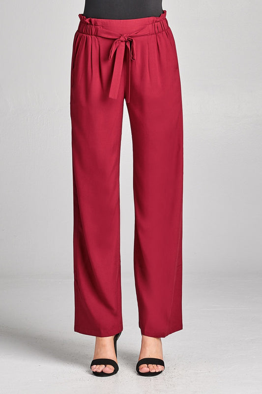 Ladies fashion self ribbon detail long wide leg woven pants
