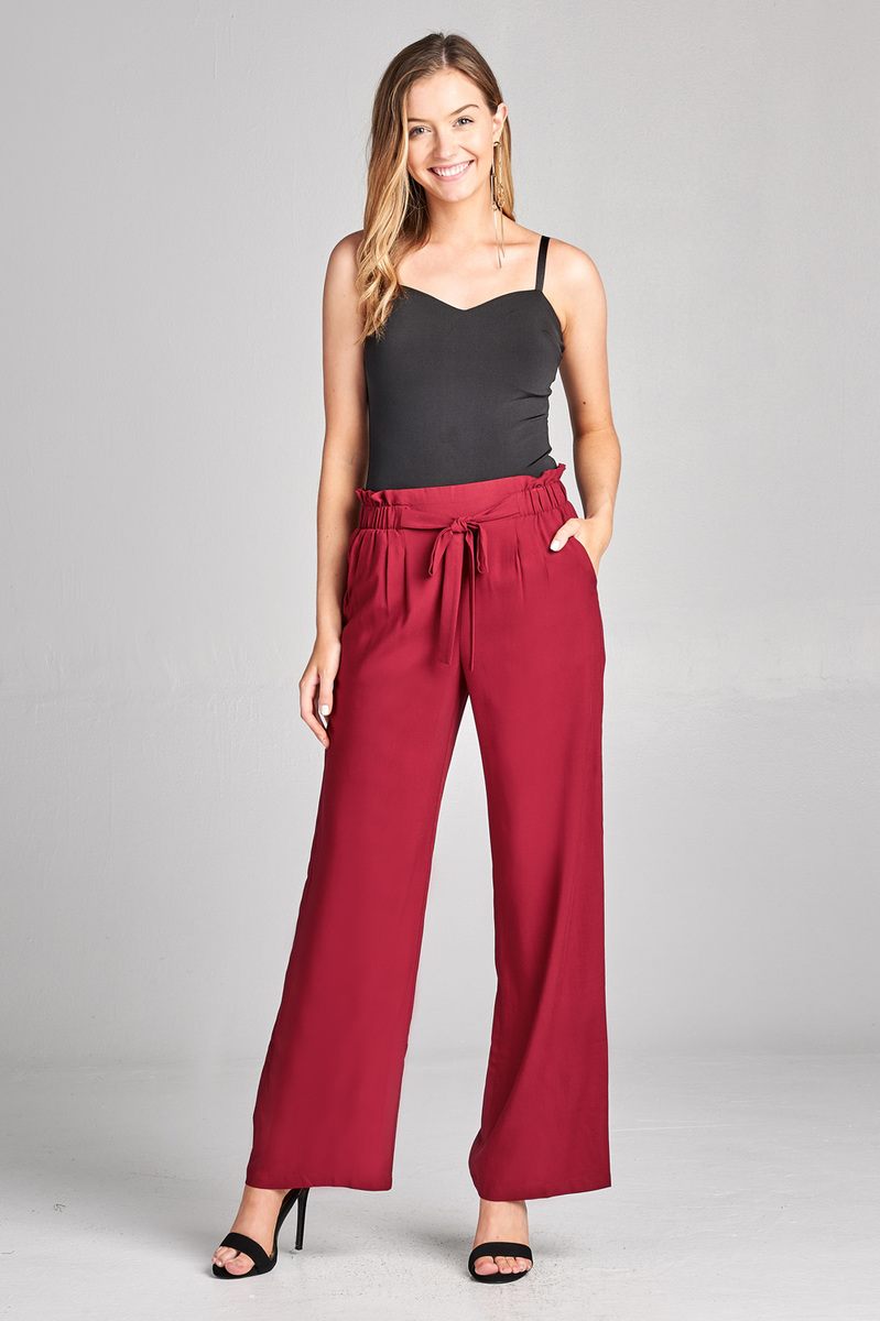 Ladies fashion self ribbon detail long wide leg woven pants