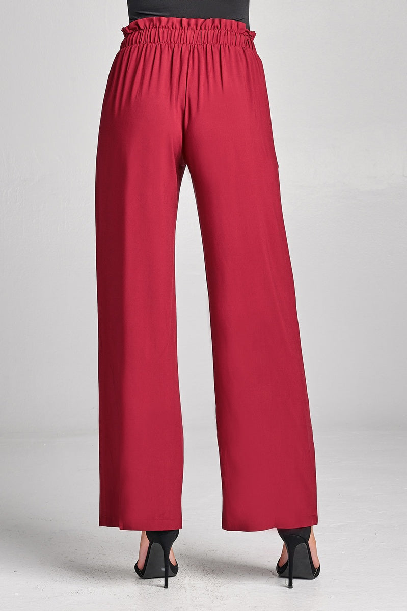 Ladies fashion self ribbon detail long wide leg woven pants