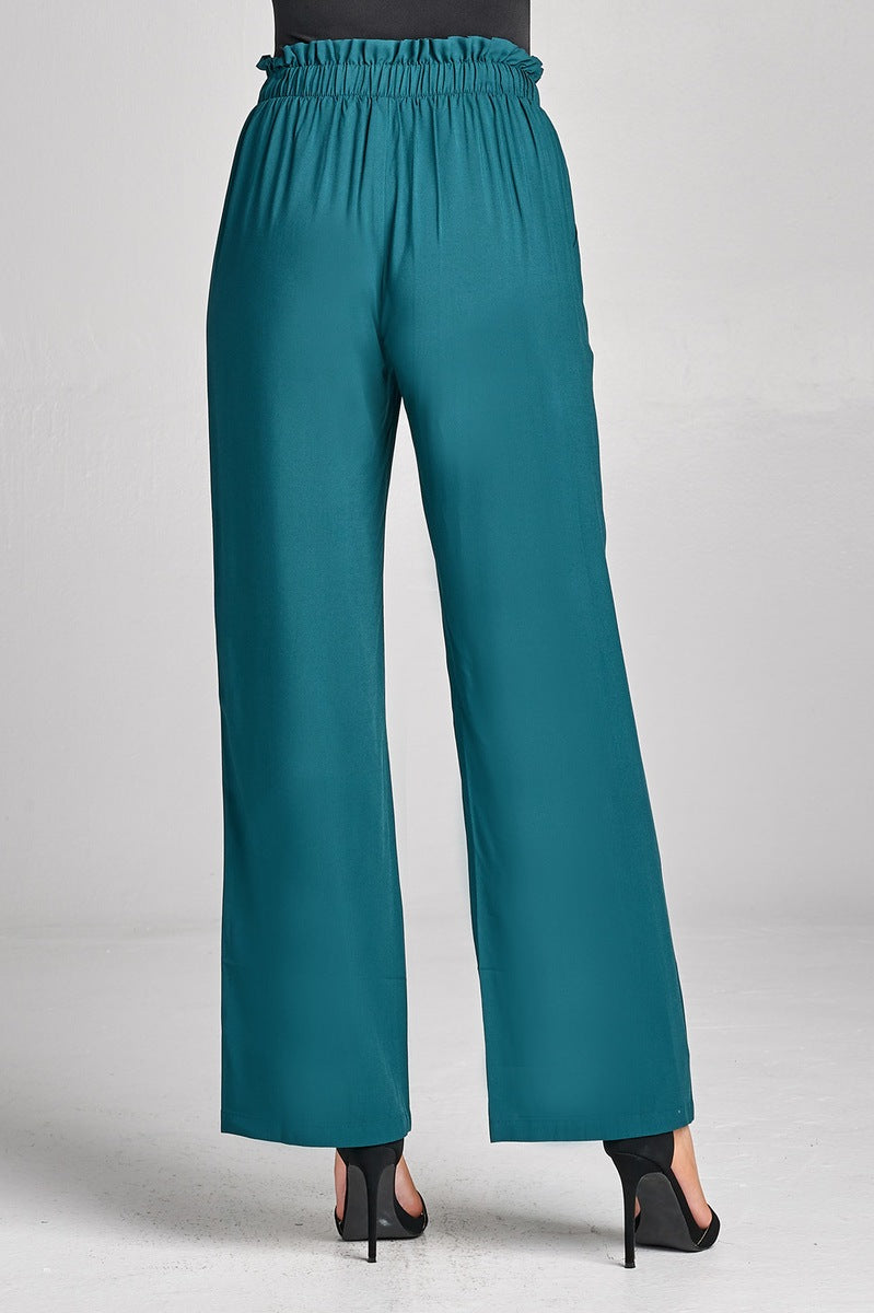 Ladies fashion self ribbon detail long wide leg woven pants