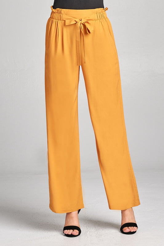 Ladies fashion self ribbon detail long wide leg woven pants