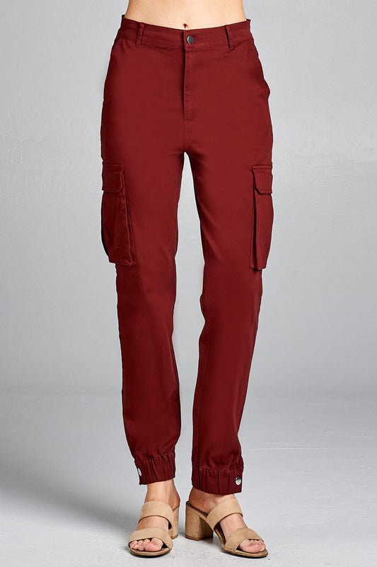 Ladies fashion waist button elastic hem w/snap button cargo pants
