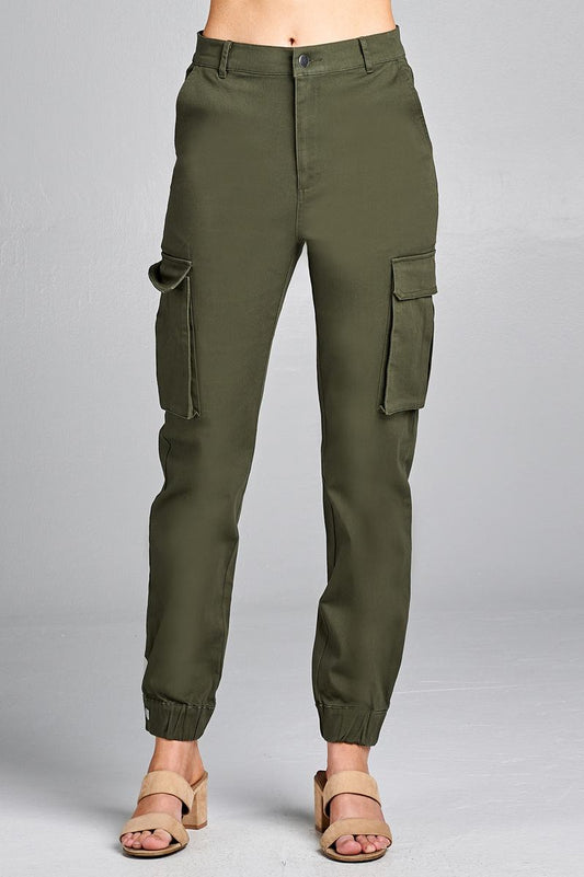 Ladies fashion waist button elastic hem w/snap button cargo pants