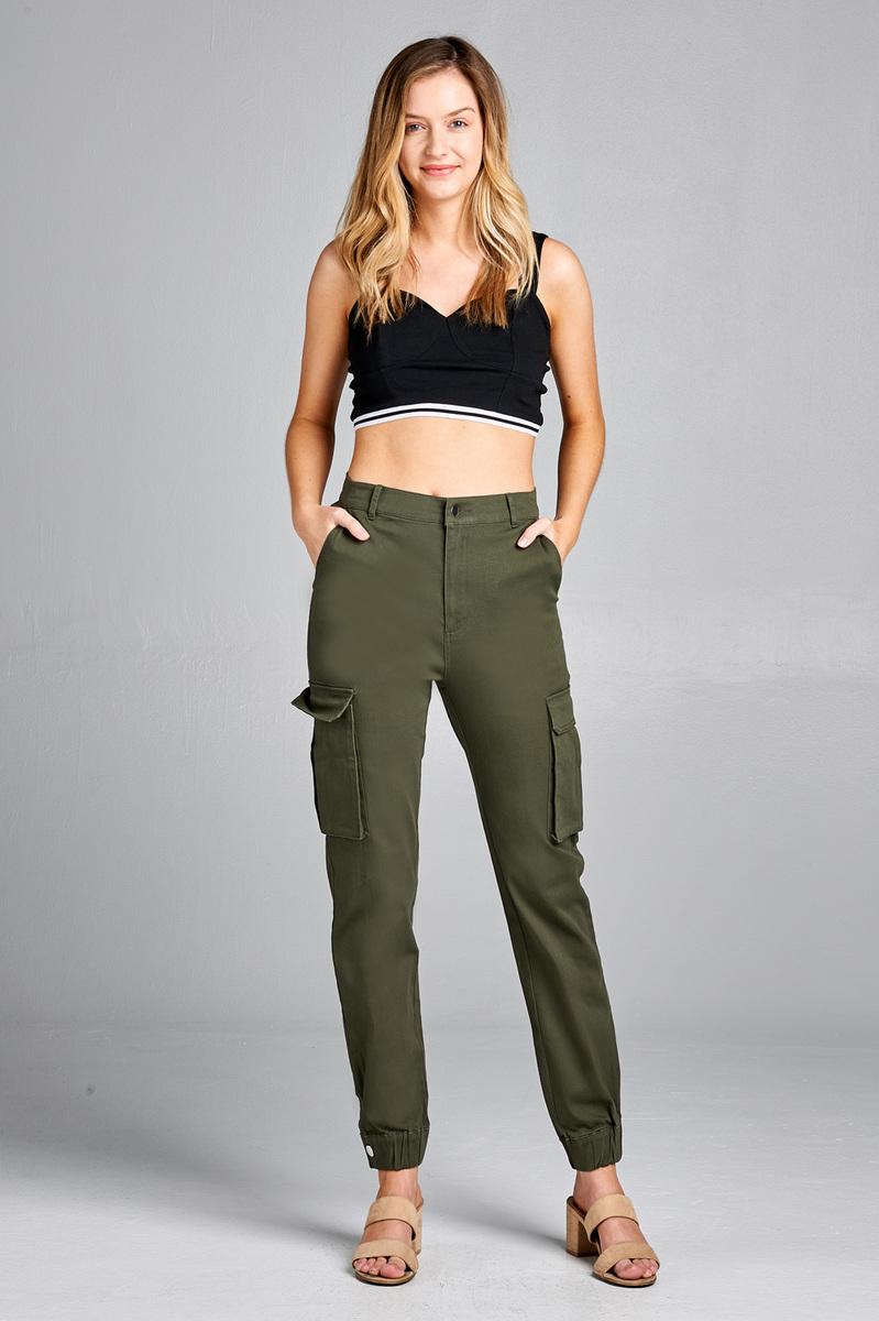 Ladies fashion waist button elastic hem w/snap button cargo pants