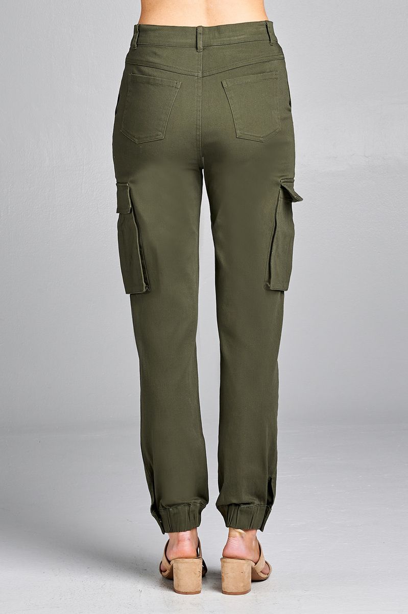 Ladies fashion waist button elastic hem w/snap button cargo pants