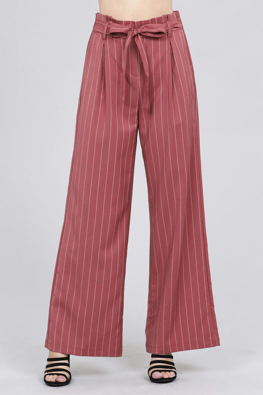 Ladies fashion high waist w/self belt long leg wide pinstripe woven pants